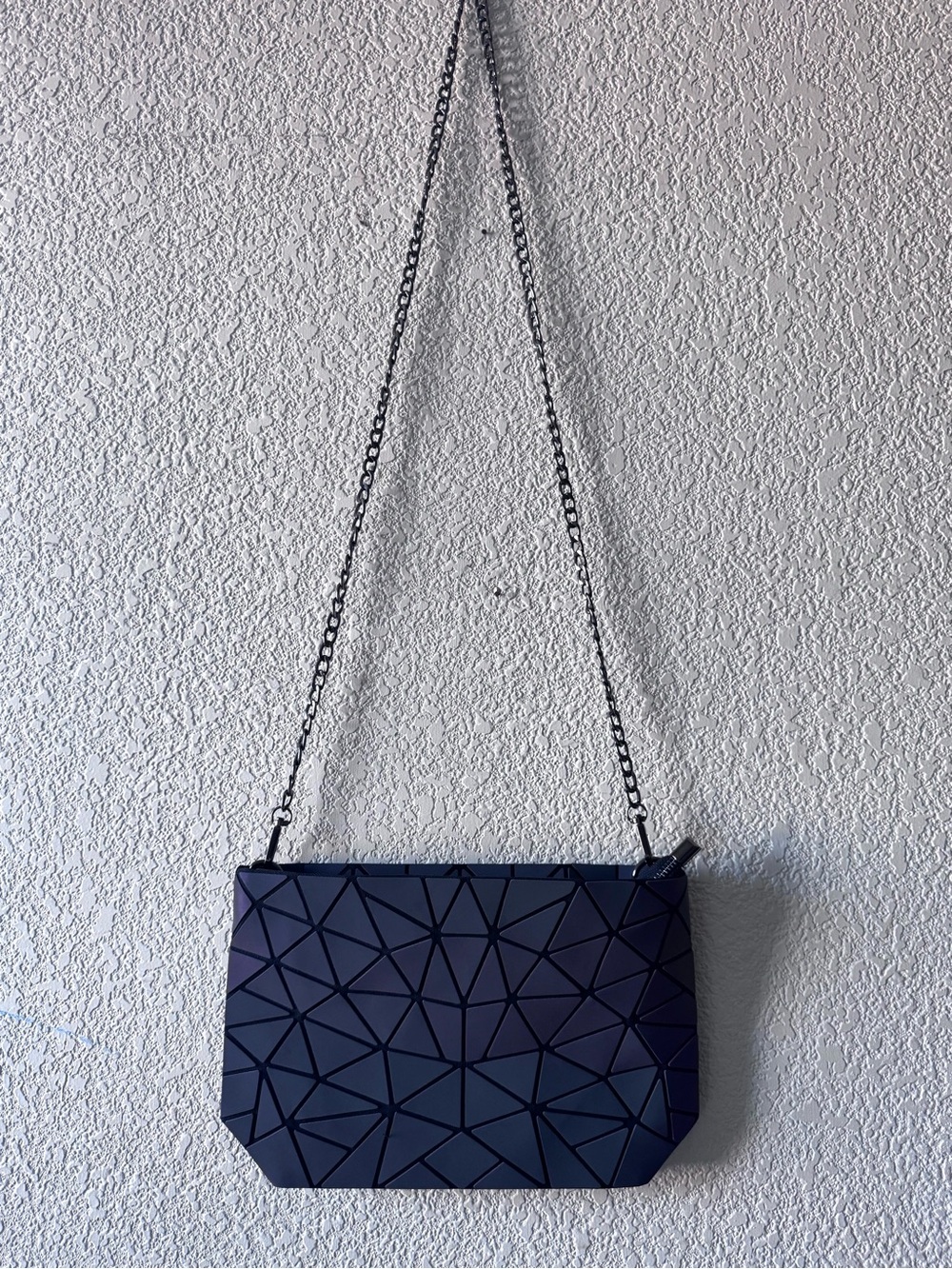 Geometric Pattern Navy Crossbody Bag with Chain Strap & Matching Wallet